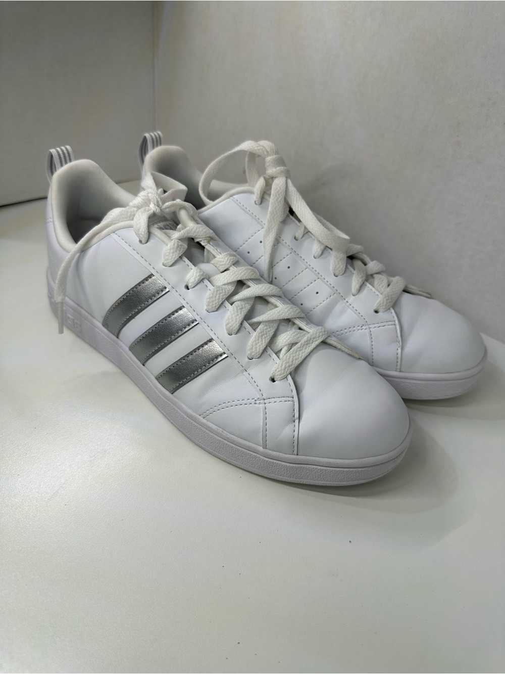 Adidas White Sneakers with Silver Stripes Women’s Size 9